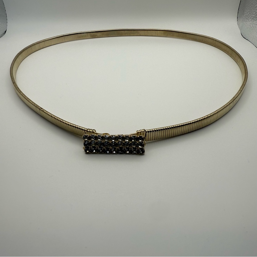 Vintage Womens Stretch Gold Brass Tone Elastic Belt W/Rhinestone Ornate Buckle - Picture 6 of 10